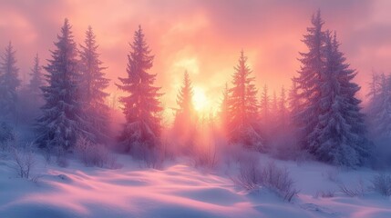 Wall Mural - ethereal winter landscape snowladen pine forest at twilight pastel sky ablaze with sunset hues serene atmosphere soft focus dreamy lighting muted color palette