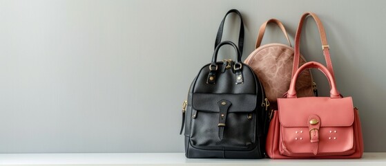 Image shows 3 bags on a white shelf against a grey wall. 2 black bags differ in shape, 1 pink bag. 