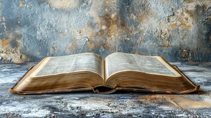 An open Bible on an elegant, thought-provoking gray background