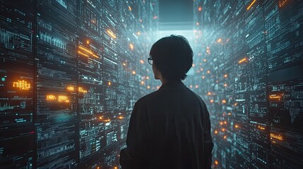 A programmer analyzes financial data on a futuristic interface, focusing on global business strategies through digital technology.