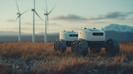 Two white robots stand in a field with wind turbines in the background during a sunset.