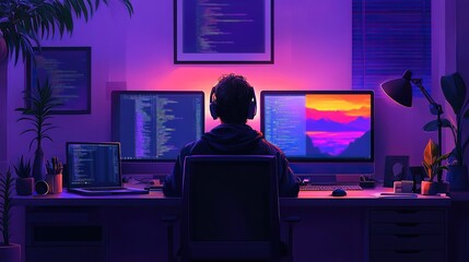 A scene of a programmer developing websites and coding technologies within a software company office, emphasizing modern development practices.