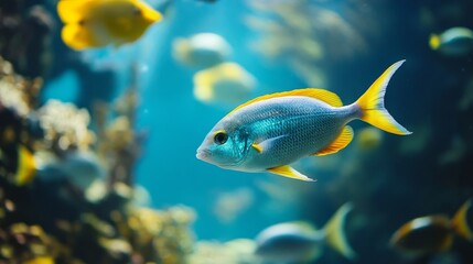 A colorful fish swims in a tank with other fish