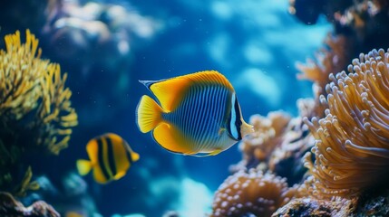 A colorful fish swims in a tank with other fish