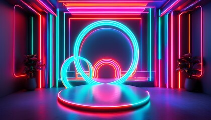 Vibrant Neon Abstract Stage Design with Dynamic Lighting Effects