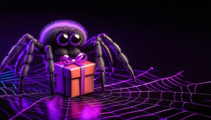 Cute spider with a gift box on black background 