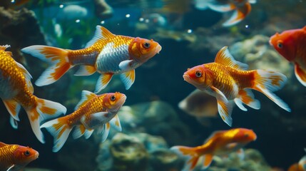 A colorful fish swims in a tank with other fish