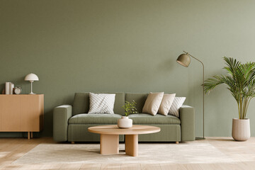 Modern living room interior with minimalist green sofa. 3d render.