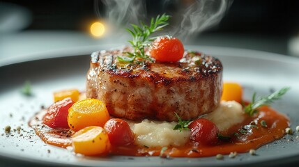 gourmet dish closeup with soft focus restaurant background artful plating rich colors steam rising bokeh lights creating ambiance culinary elegance emphasized