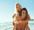 © StarDweller/peopleimages.com - Piggyback, couple and portrait on beach for love, smile and happy for island adventure. Man, woman and carry in ocean for support, travel or trust on summer vacation for milestone celebration in Bali