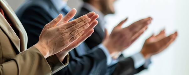 Hands of businesspeople clapping during a presentation, isolated on white background, copy space