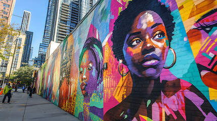 black lives matter mural painted on a city street, with colours and a backdrop of urban buildings