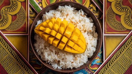 A bowl of white rice topped with a slice of ripe mango, against a colourful patterned background.