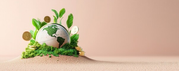 Sticker - A globe surrounded by green plants and coins, symbolizing sustainability and the integration of nature with economic growth.