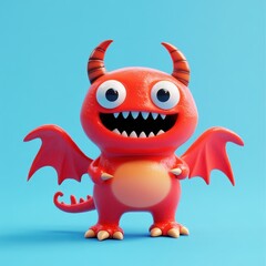 A cheerful red cartoon dragon with big eyes, horns, and wings, smiling against a blue background.