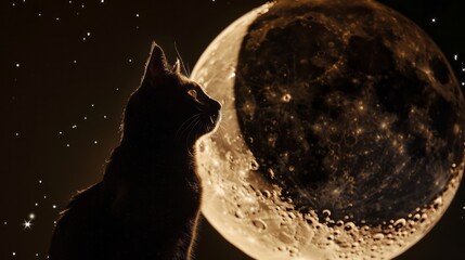 Wall Mural - playful cat sitting on the moon's surface, surrounded by stars and a mystical night sky, perfect for