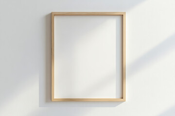 3D rendering of an empty wooden frame mockup hanging on the wall. The frame is light wood and has no glass; it's blank inside for writing or adding artwork. Created with Ai