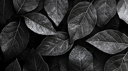 A detailed black and white leaf pattern with veins and textures highlighted against a solid background