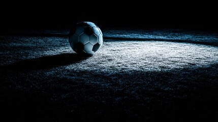 A soccer ball is sitting on a field in the dark