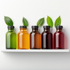 Shelf with colorful bottles of fruit extracts.