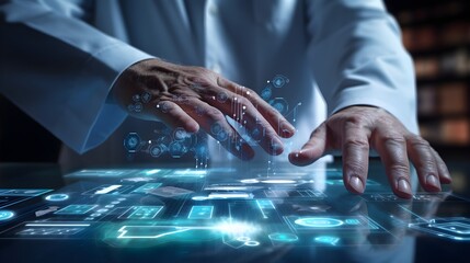 Doctor's hands managing medical data on a computer,