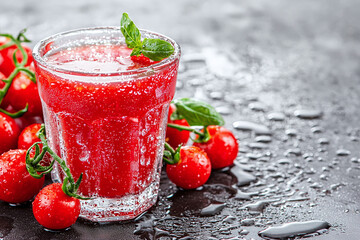 vine-ripened tomatoes surrounding glass of juice, condensation on glass