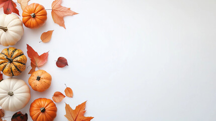 Autumn border with pumpkins and colorful leaves on white background, with copy space