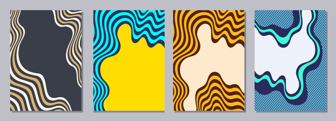 Wall Mural - Set of flyers, posters, banners, placards, brochure design templates A6 size. Graphic design vector colorful templates with smooth wavy shapes and stripes. Vector geometric color backgrounds.