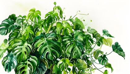 Vibrant Watercolor Illustration of Lush Green Philodendron Plant Against a White Background