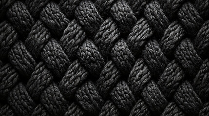 A black and white knitted fabric texture with interlocking patterns and a cozy, woven feel