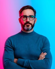 Confident man posing with crossed arms in vibrant lighting