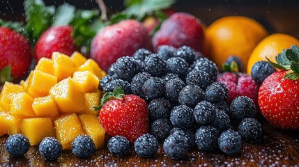 Freshly cut mango, strawberries, blueberries, and raspberries arranged on a wooden surface with a splash of water droplets