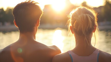 A young couple enjoying a sunset by the water, radiating warmth and connection.