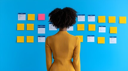 Professional woman analyzing project notes on a vibrant wall