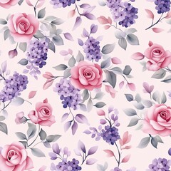  A beautiful floral pattern featuring pink roses and purple lilacs on a soft, light background, perfect for wallpaper or fabric designs.