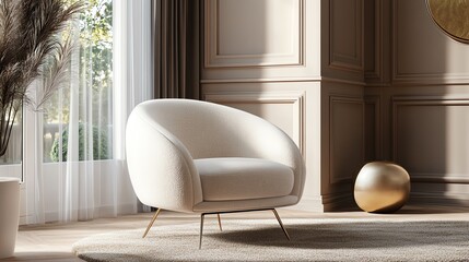 A white armchair with gold legs in a modern living room.