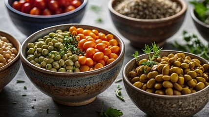 Bowls filled with vibrant legumes and fresh herbs, showcasing a colorful and healthy culinary spread.