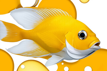 A yellow fish with white stripes swimming in a sea of yellow.