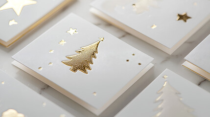 Collection of white cards with gold trees and stars on them