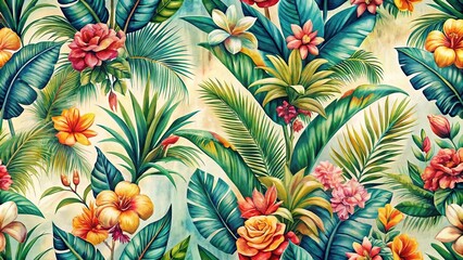 Tropical retro wallpaper in watercolor style Eye Level