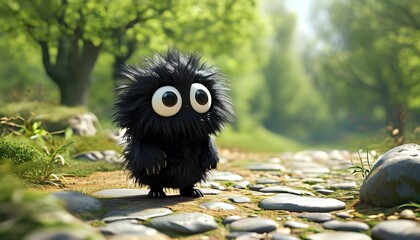 Charming animated black fluffy creature with large expressive eyes in a serene rustic garden adorned with lush greenery and a winding pebbled path