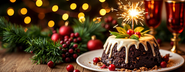 Festive Holiday Christmas Cake with Sparkler, Decorations, and Bokeh Lights