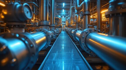 modern industrial boiler room with sleek stainless steel equipment pipes and gauges create intricate patterns cool blue lighting adds futuristic feel clean efficient energy concept