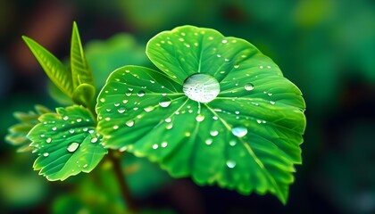 Wall Mural - Tranquil Water Droplet on Lush Green Leaf - Nature Close-Up with Ample Copyspace