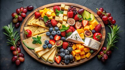 Wall Mural - A vibrant cheese and fruit platter artfully arranged against a dark background, perfect for entertaining.