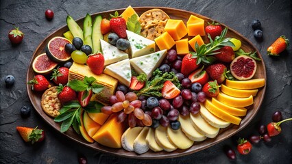 Wall Mural - A vibrant cheese and fruit platter artfully arranged against a dark background, perfect for entertaining.