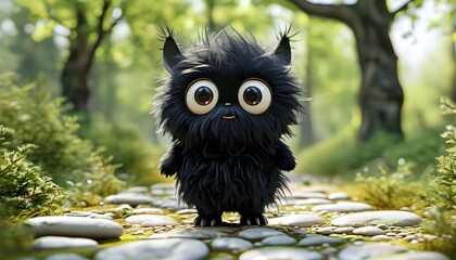 Charming animated black fluffy creature with large expressive eyes in a serene rustic garden adorned with lush greenery and a winding pebbled path