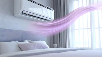 Air conditioning unit in a modern bedroom with natural light and soft decor, white isolate background.