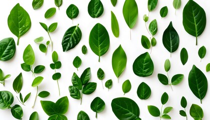 Nature-inspired pattern of fresh green leaves on a clean white backdrop, ideal for eco-friendly and organic-themed design projects