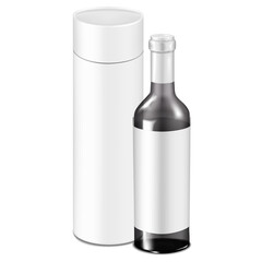 Wall Mural - Clear glass wine bottle with blank label and white cardboard tube cylinder box with separate lift-off lid. 3d vector mock-up. Gift drink holder packaging. Realistic mockup. Template for design